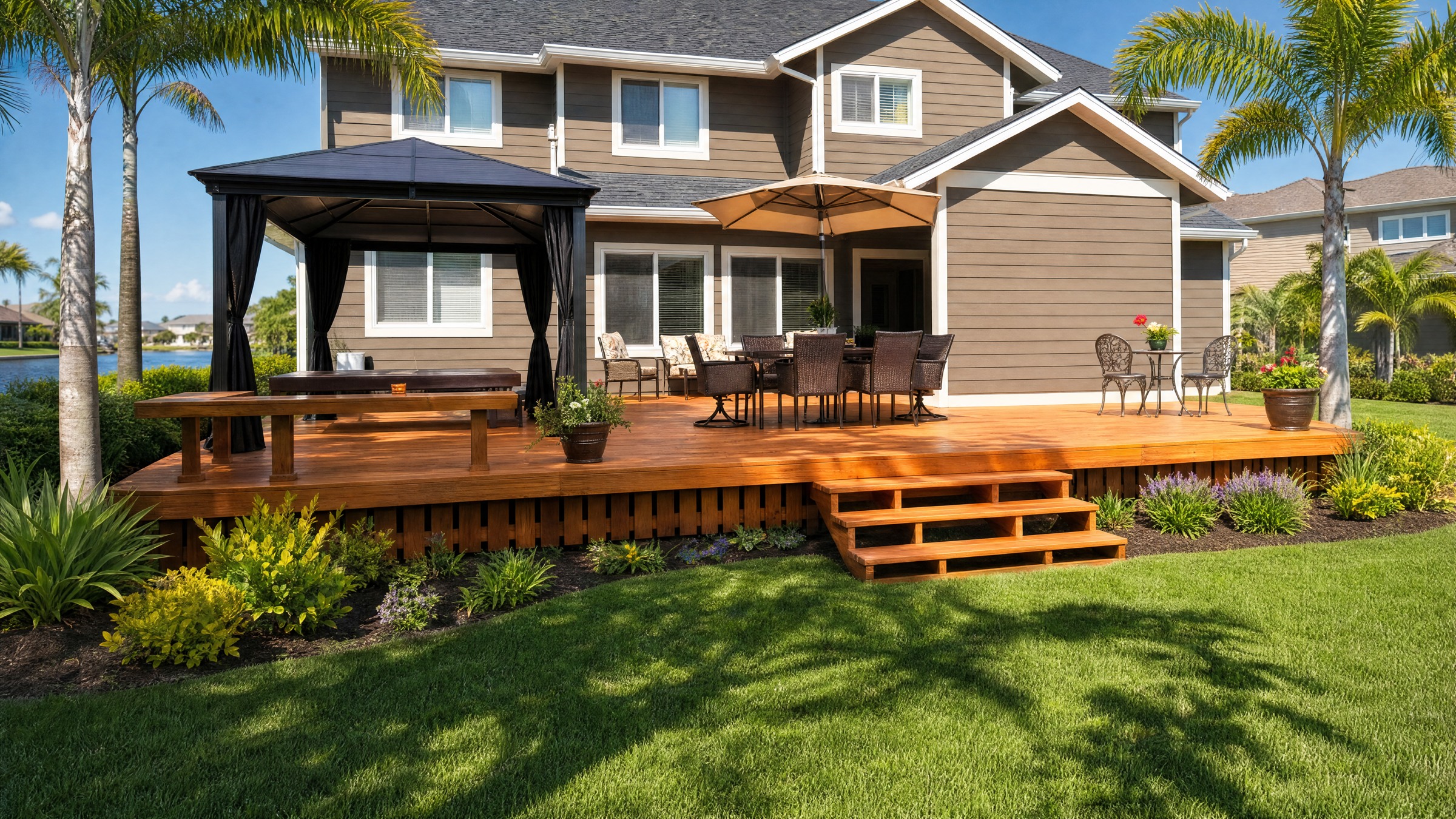 Expansive timber entertaining deck beside a home