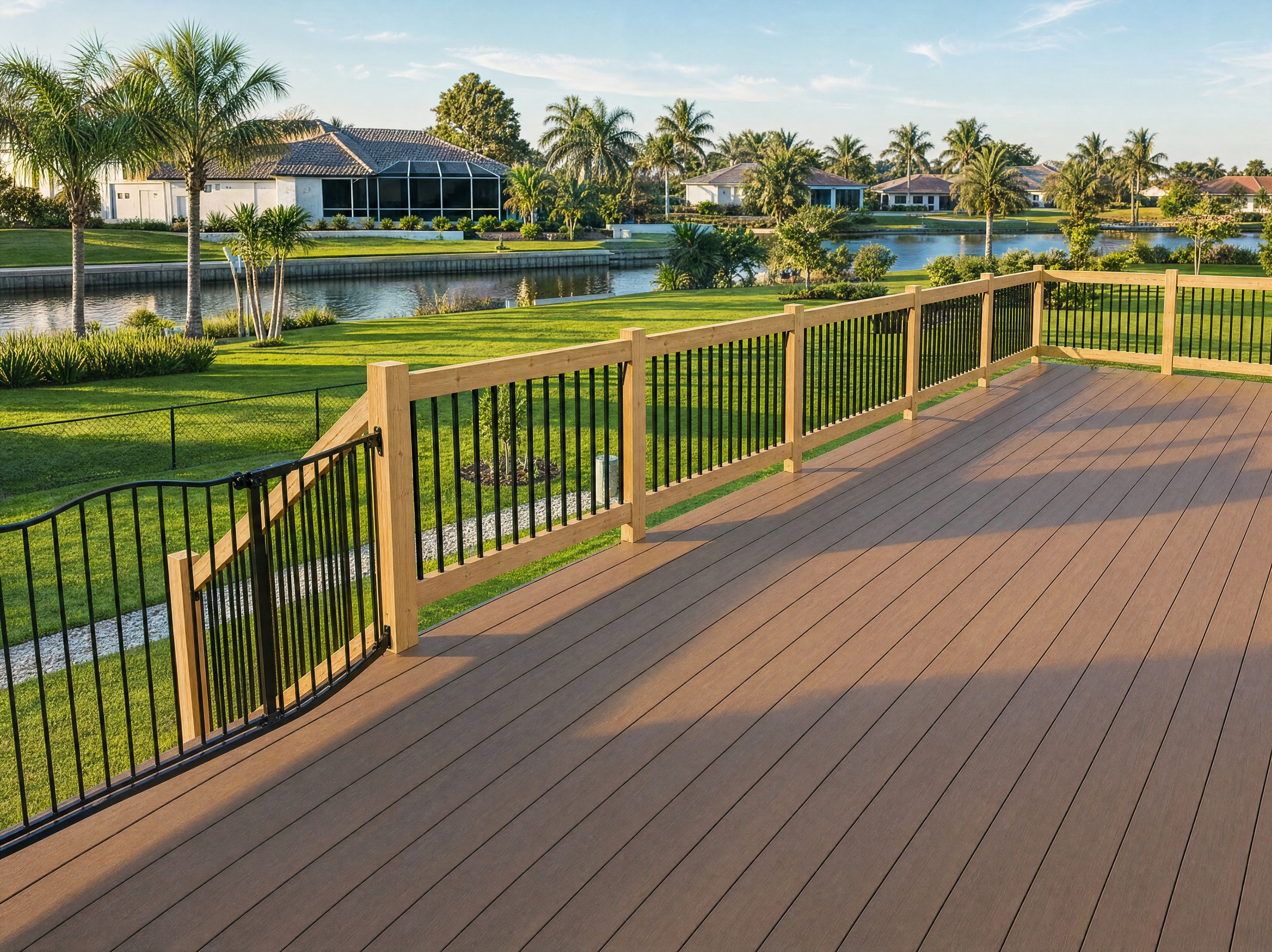 Deck boards meeting a timber and black baluster railing