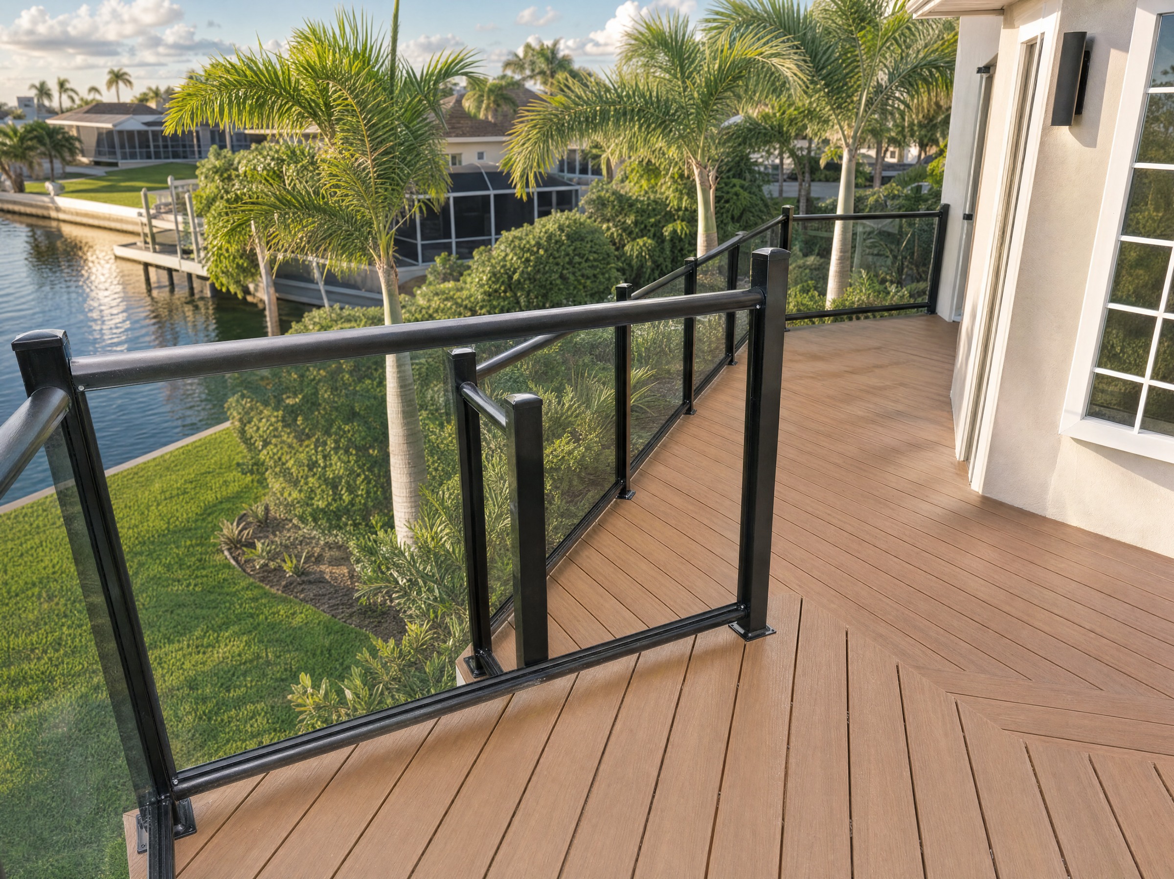 Deck with black framed glass railing